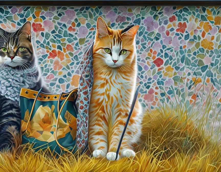 Realistic painted cats with colorful bag in tall grass and floral background