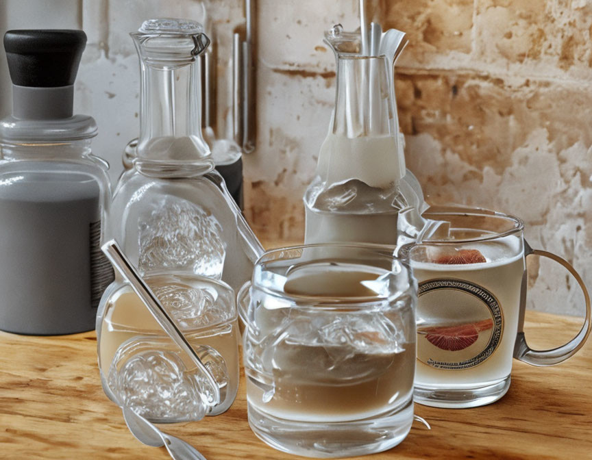 Glass containers with liquid and milky substances beside pepper grinder on wooden surface against brick wall.