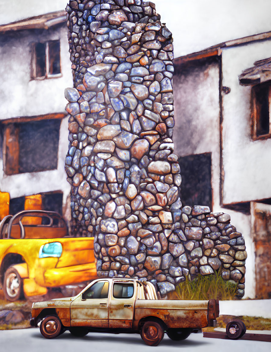 Rusted pickup truck near unique stone house with towering chimney