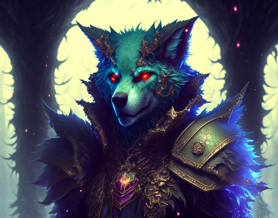 Mystical anthro wolf in ornate armor in ethereal forest