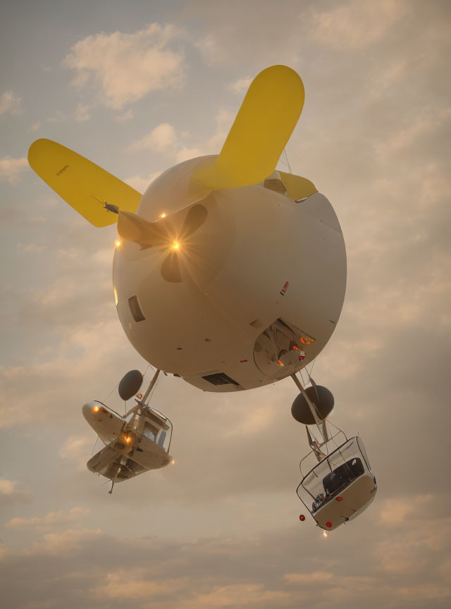 Cream-colored airship with round balloon and propellers in cloudy sunset sky