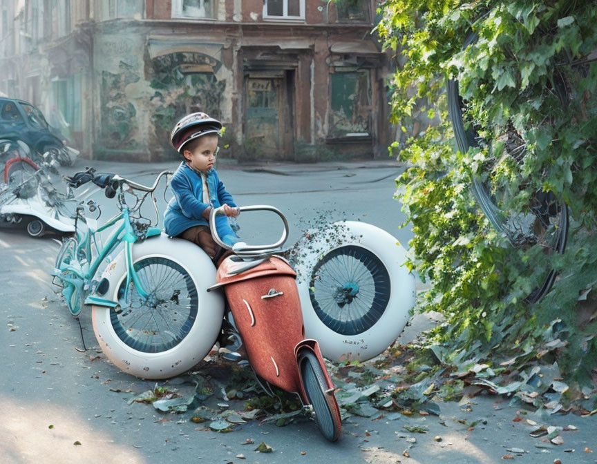 Child in helmet on toy motorcycle near bicycle in urban setting