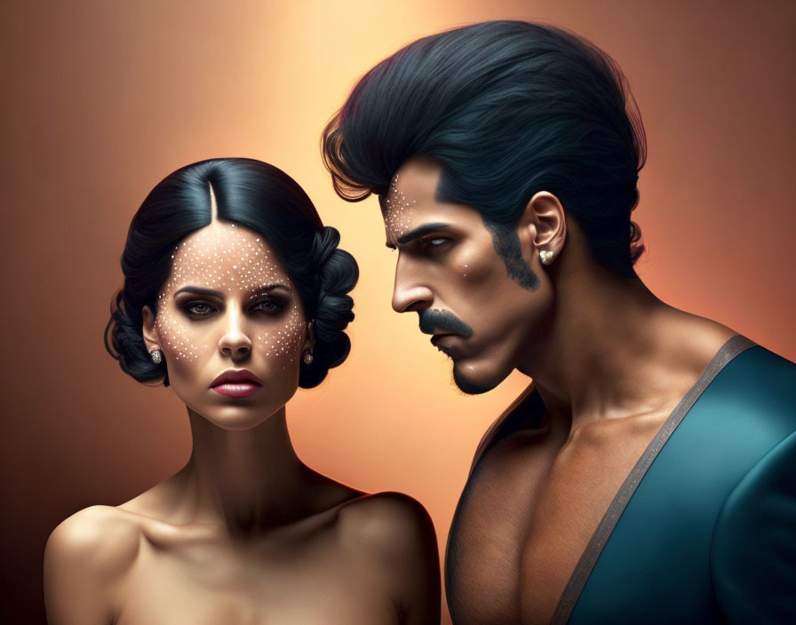 Stylized man and woman with dramatic makeup and hairstyles on warm-toned background