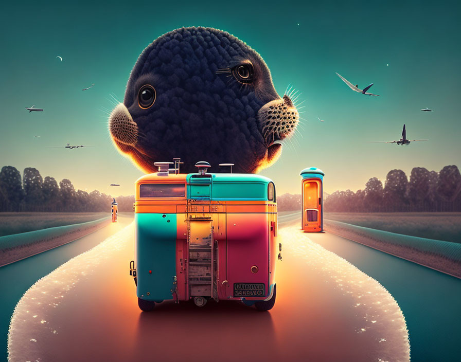 Giant seal with knitted head on colorful suitcase at sunset with birds and phone booth