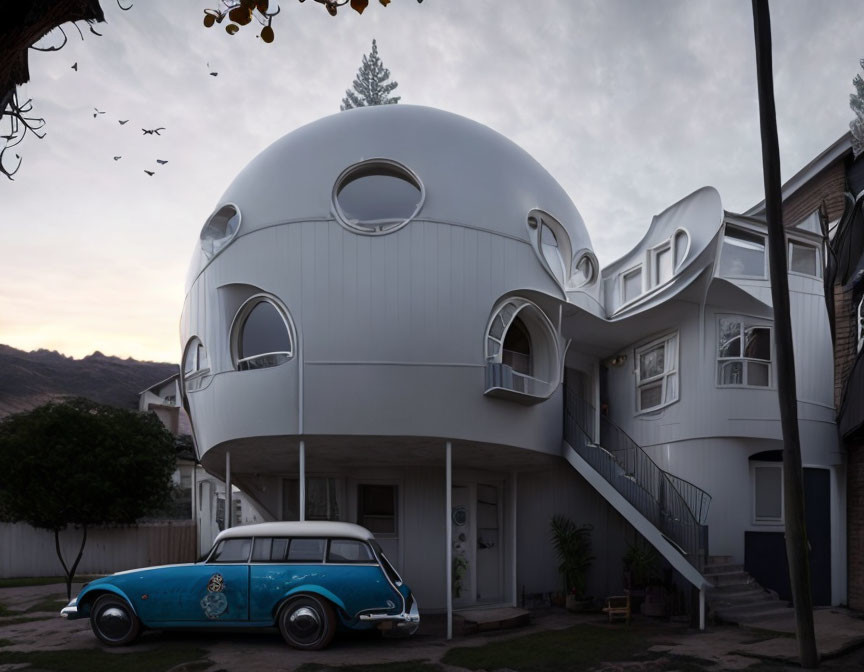 Futuristic organic house among traditional homes and vintage car