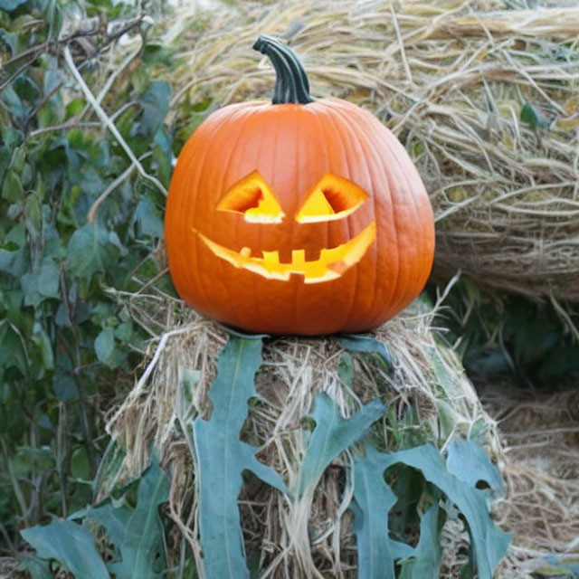 Smiling face carved pumpkin on haystack with green leaves - Halloween symbol