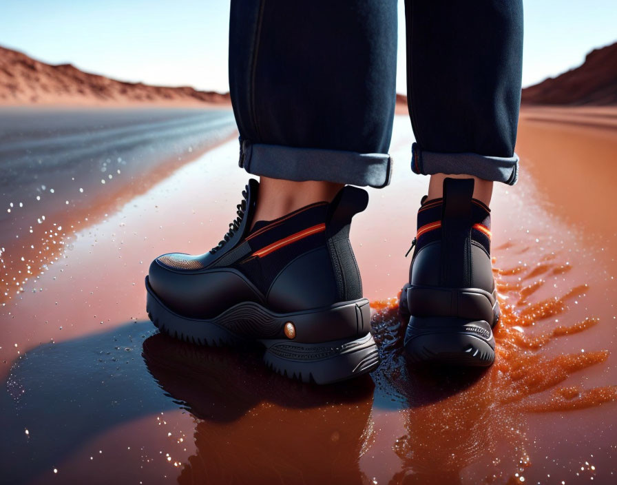 Person standing in black boots on wet desert with red sand dunes