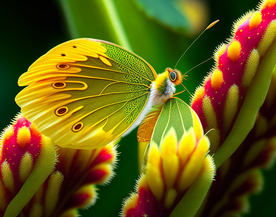 Yellow Butterfly with Patterned Wings on Red and Yellow Flower against Green Background