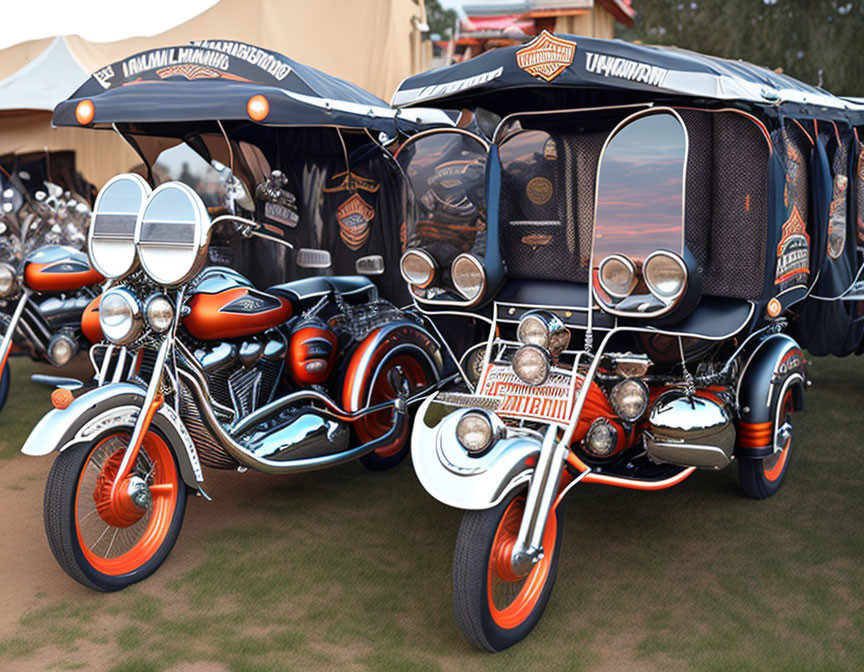 Vintage motorcycle with sidecar in white and orange at outdoor event