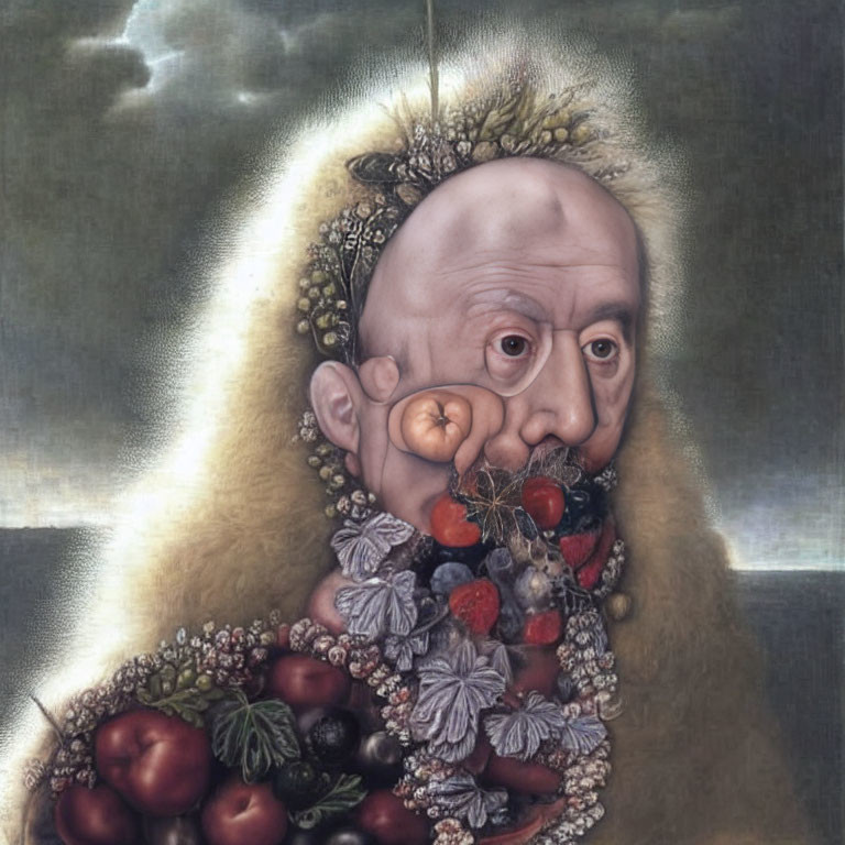 Surreal portrait featuring man's face with fruits, vegetables, and flowers