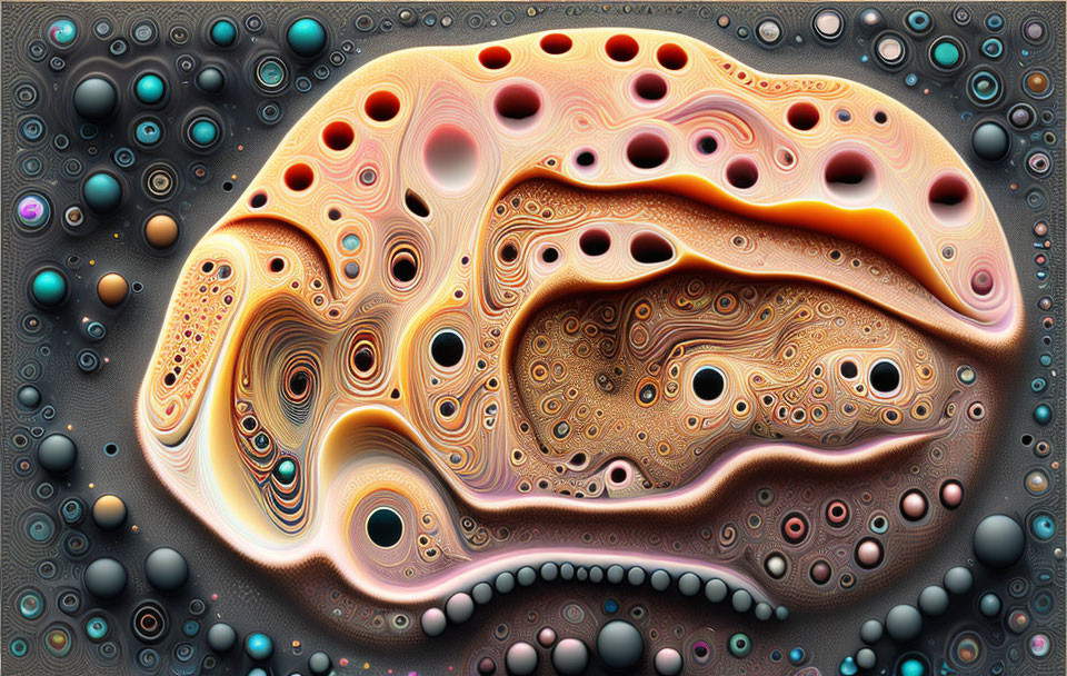 Vibrant abstract digital art with swirling patterns and textured circles