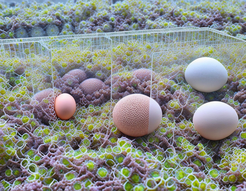 Textured spheres on colorful 3D foam background with wireframes