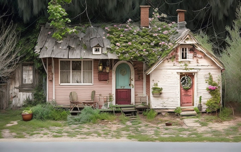 Weathered pink cottage with turquoise door and climbing roses roof nestled in lush greenery