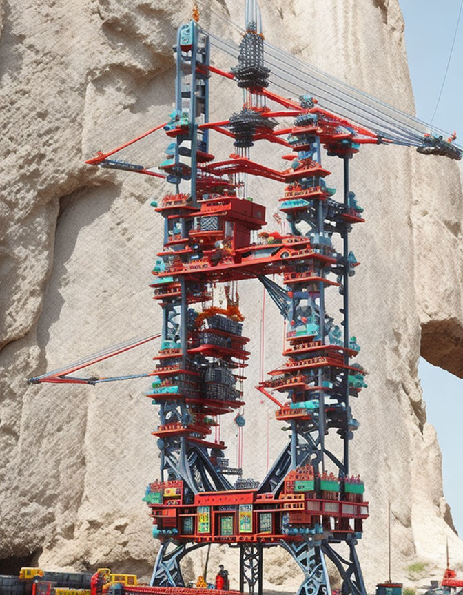 Colorful Lego drilling rig with miniature figures on rock face