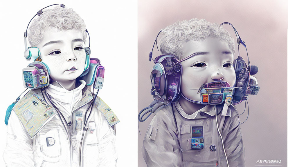 Child in Curly Hair Wearing Space-Themed Outfit and Futuristic Headset