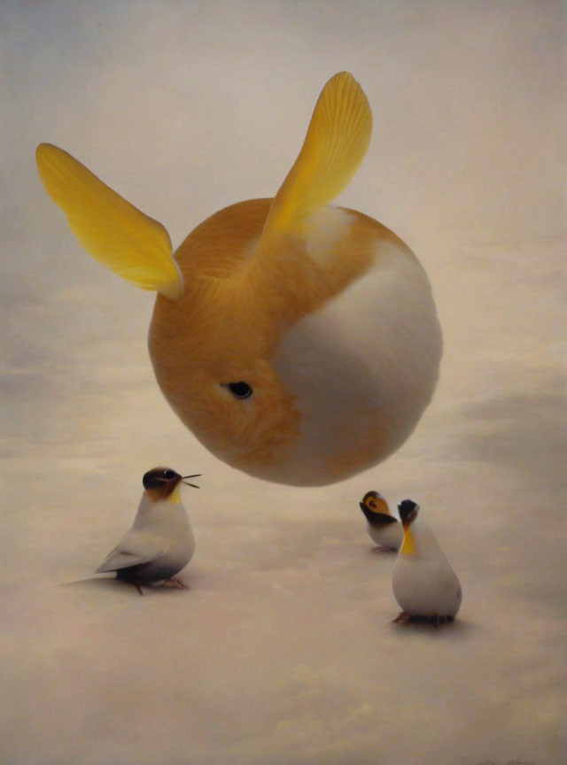 Surreal painting: Fluffy rabbit-headed creature floating above birds