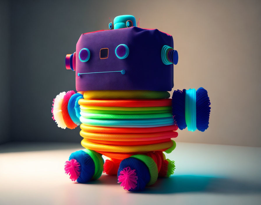 Vibrant Toy Robot with Purple Body and Rainbow Coils