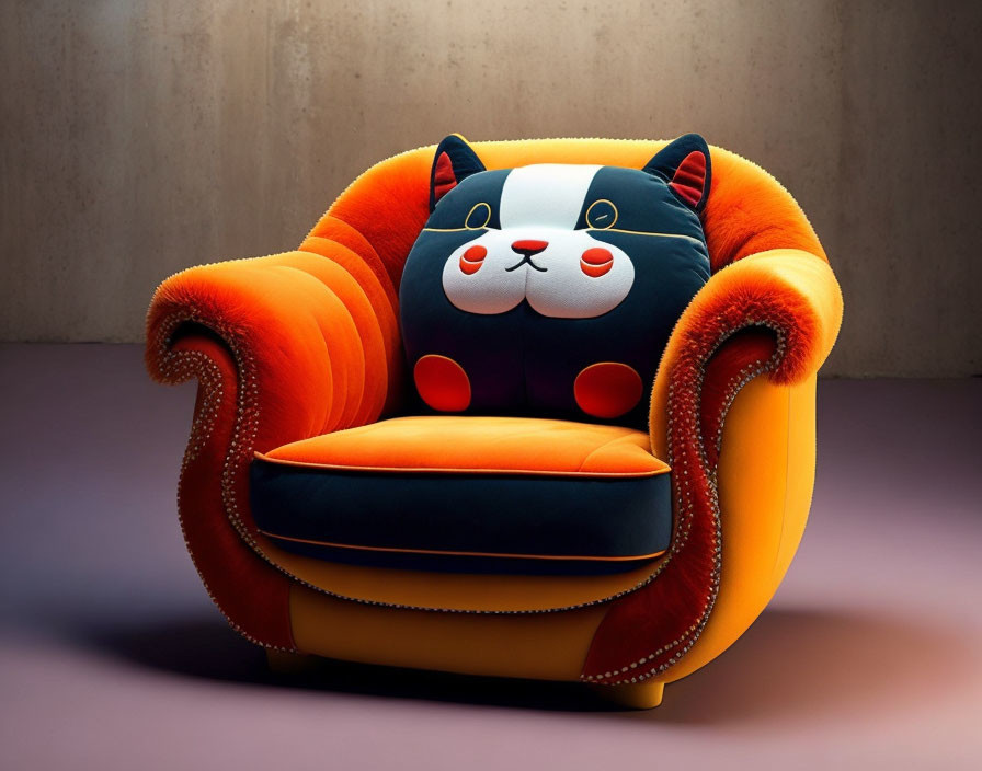 Cartoonish Cat Armchair with Ears and Face Design