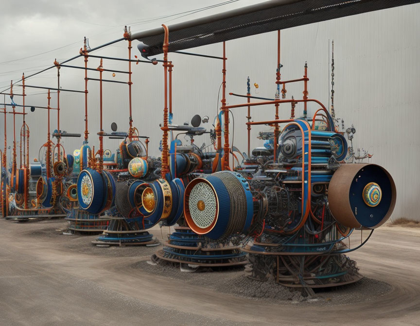 Futuristic machinery with blue and orange elements in industrial setting