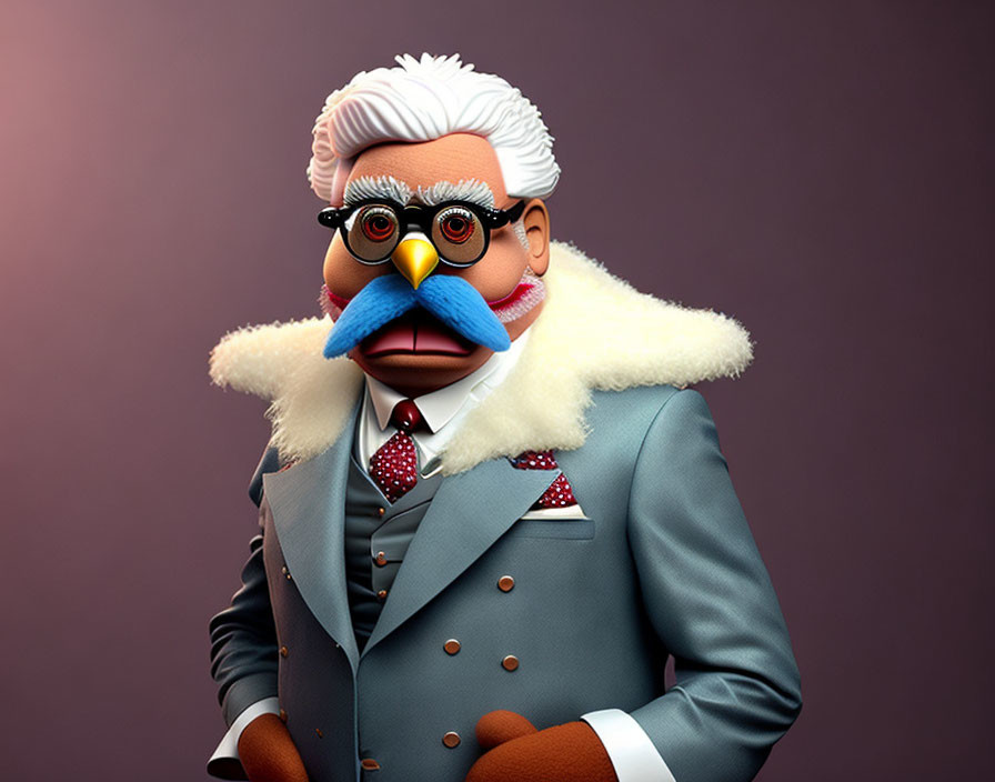 3D stylized illustration of dapper character in gray suit with bird-like face