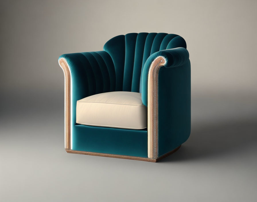 Luxurious Teal Armchair with Scalloped Back and Brass Nailhead Trim