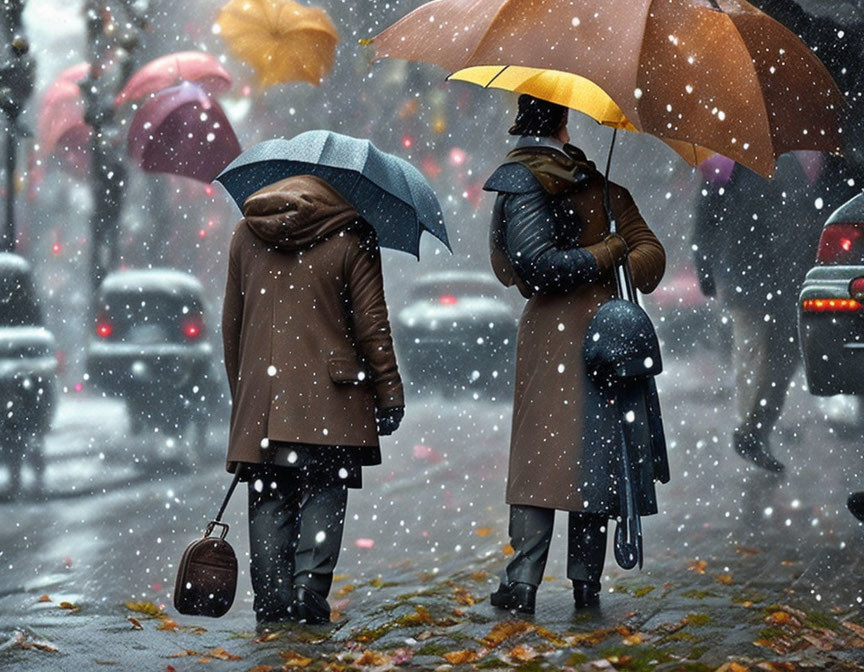 Colorful Umbrellas in Snowfall Amidst Gray Winter Scene