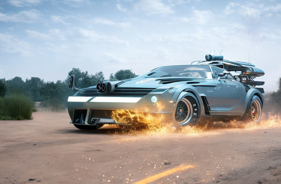 Sleek futuristic car speeding on dusty road at twilight