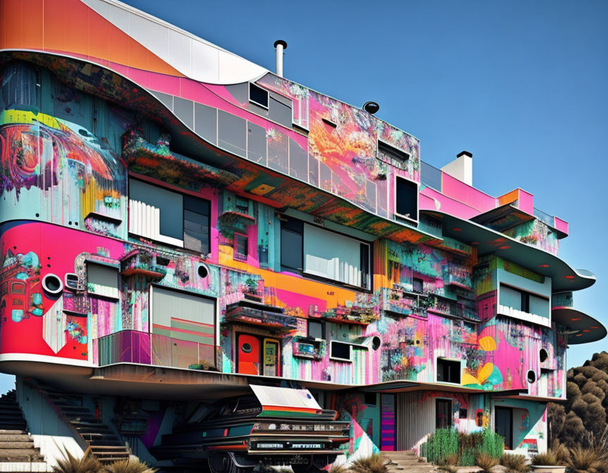 Colorful Modern Building with Graffiti and Abstract Art Featuring Futuristic Car