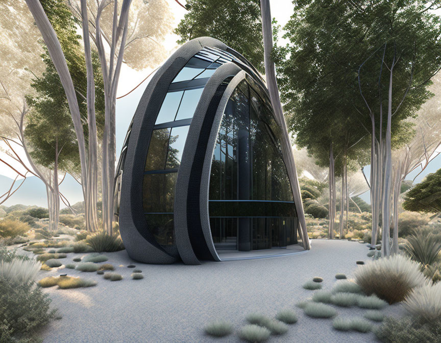 Elliptical glass building with black frames in natural setting