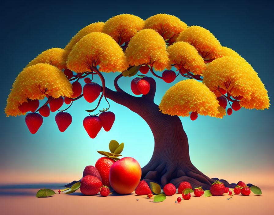 Illustration of Whimsical Tree with Golden Canopies and Ripe Strawberries