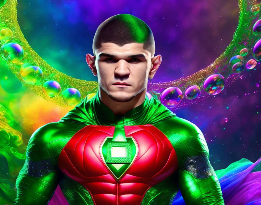 Superhero in Green Lantern-like costume in cosmic scene with bubbles and neon lights