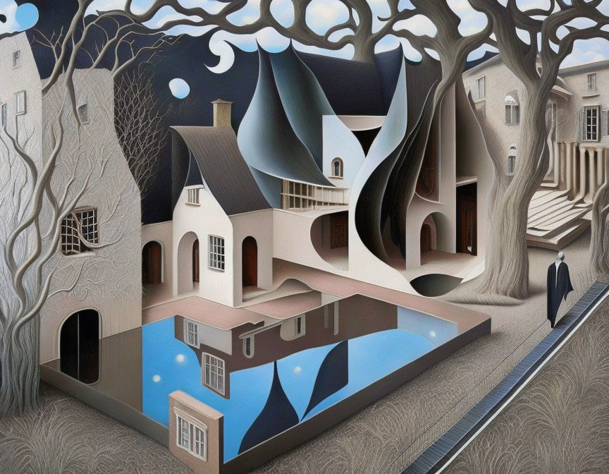 Surreal artwork: Distorted buildings, trees, reflective pool, two figures, dreamlike atmosphere