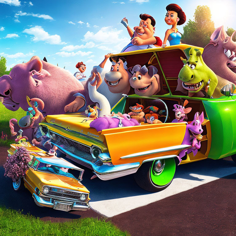 Colorful Animated Characters on Whimsical Road Trip in Classic Yellow Convertible