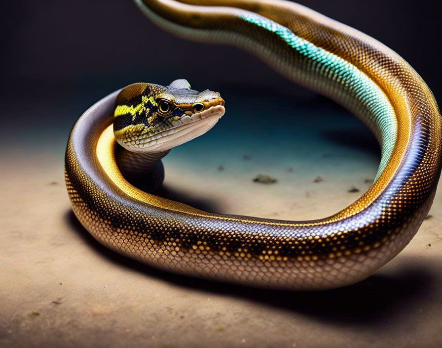 Coiled snake with patterned skin and focused eyes.