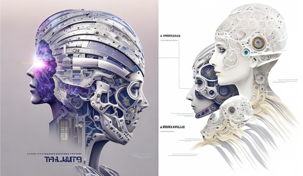 Illustration of Two Robot Heads: Metallic & Cosmic vs. White Gears & Patterns