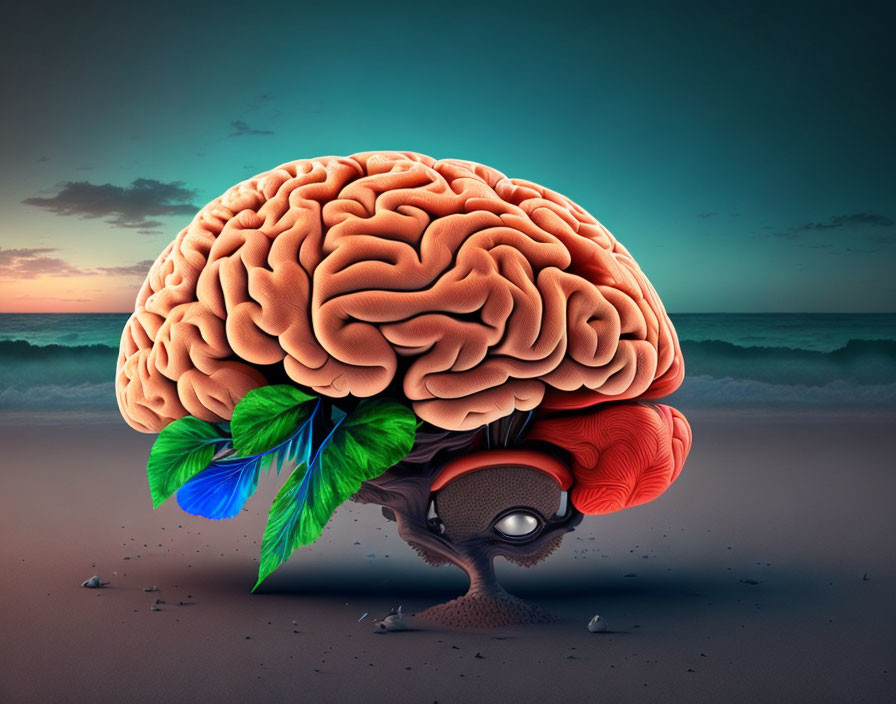 Colorful winged human brain on ornate pedestal with beach sunset.