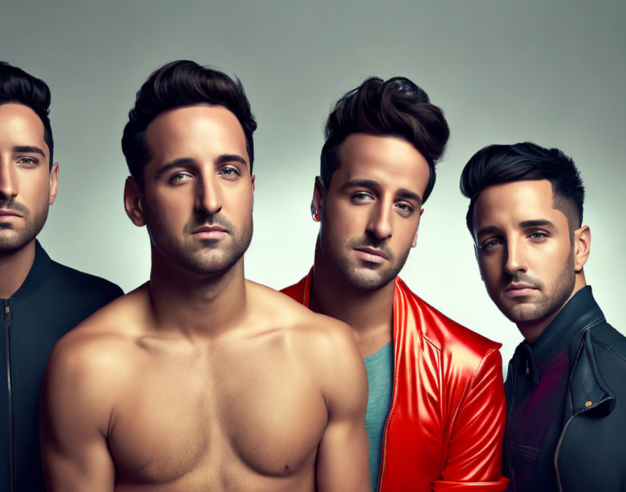 Group of Four Men with Matching Hairstyles and Clothing Styles on Neutral Background