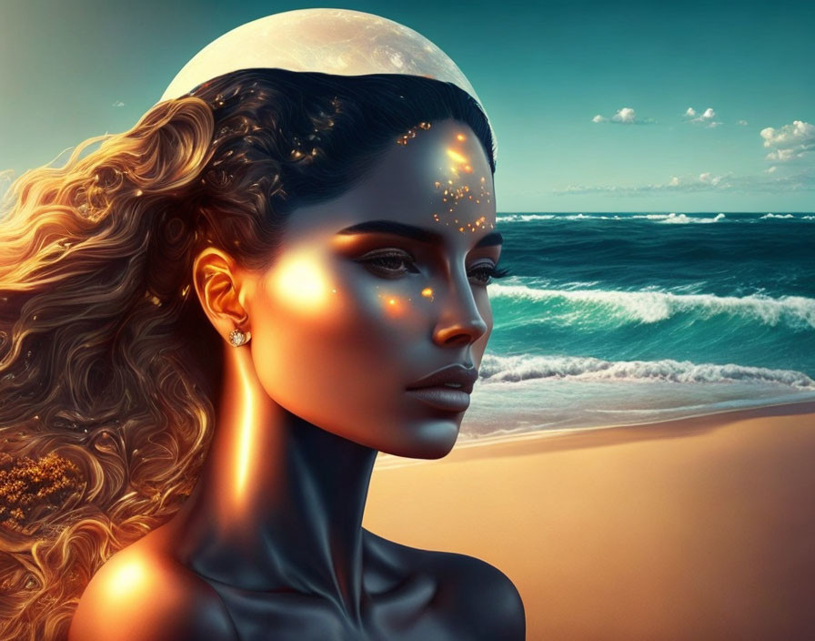 Woman portrait with starry face against beach background & moon