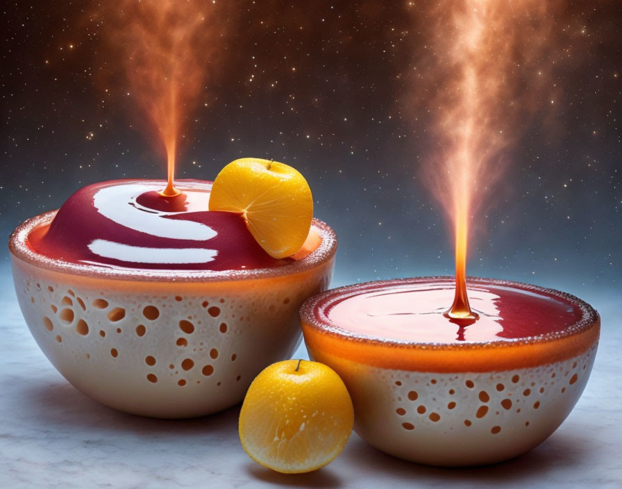 Ceramic bowls with chocolate liquid and lemon slice on starry background