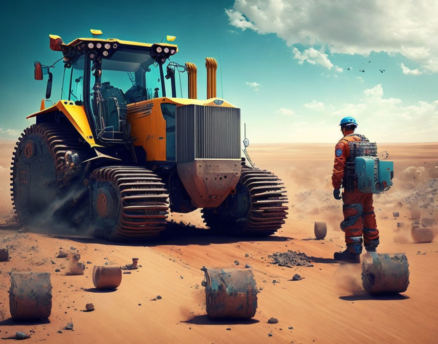 Astronaut next to tracked construction vehicle on Mars-like terrain