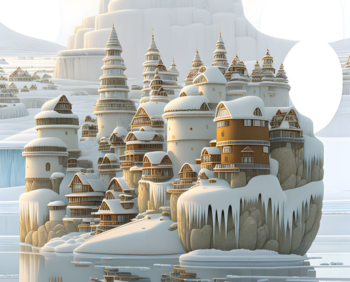 Fantastical ice-covered cityscape with castle-like buildings and glowing light