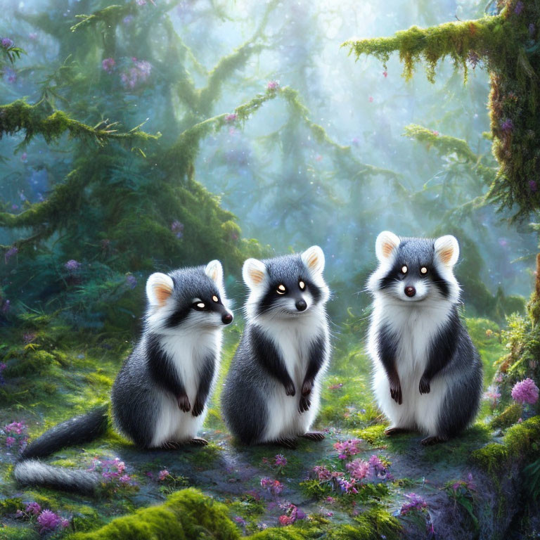 Cartoon raccoons in magical forest with mossy trees and purple flowers