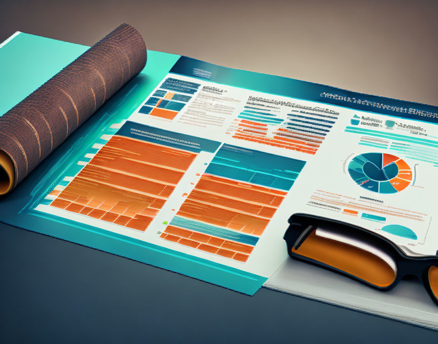 Magazine with Infographics, Charts, and Data on Desk