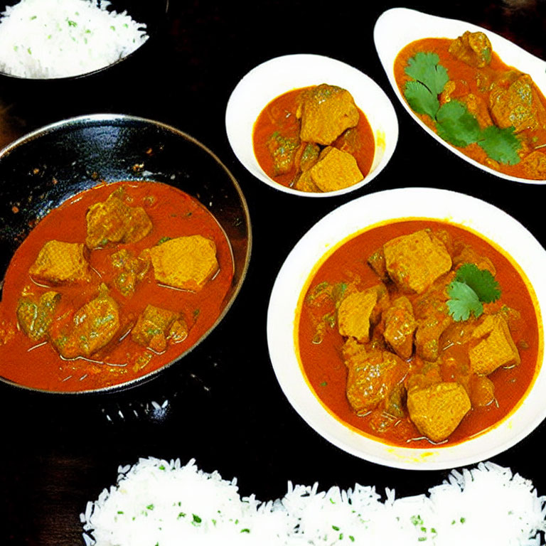 Indian Cuisine Spread with Rice, Curry Bowls, and Cilantro Garnish