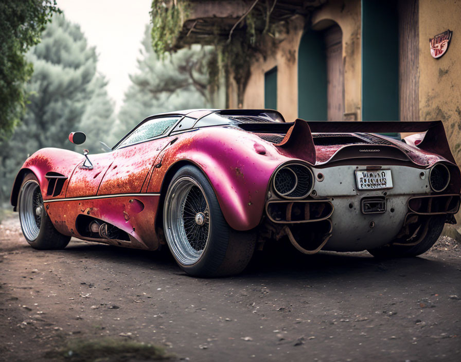 Rusted Vintage Sports Car with Racing Stripes on Cobblestone Street