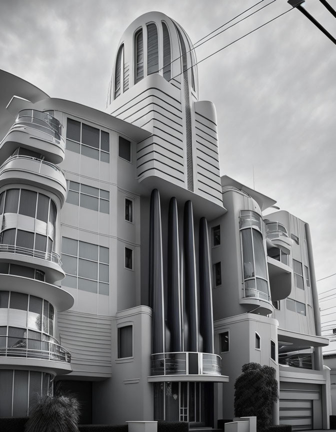 Monochrome Art Deco building with curved façades and vertical lines