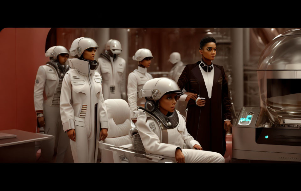 Group of people in white and grey futuristic uniforms in spacecraft control room.