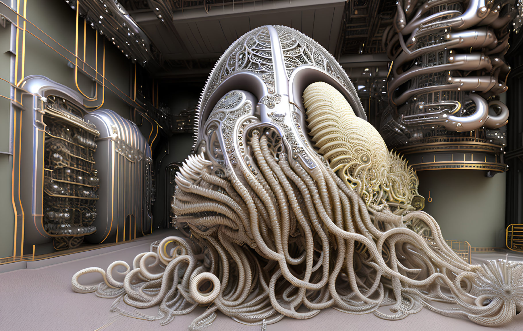 Digital artwork: Skull-like structure with metallic embellishments and tentacle-like tubes in industrial setting