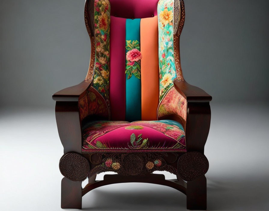 Colorful Upholstered High-Back Chair with Floral Patterns on Dark Wooden Frame