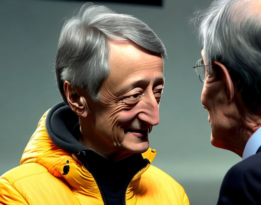 Digitally altered image of two men with exaggerated facial features, one in yellow jacket.